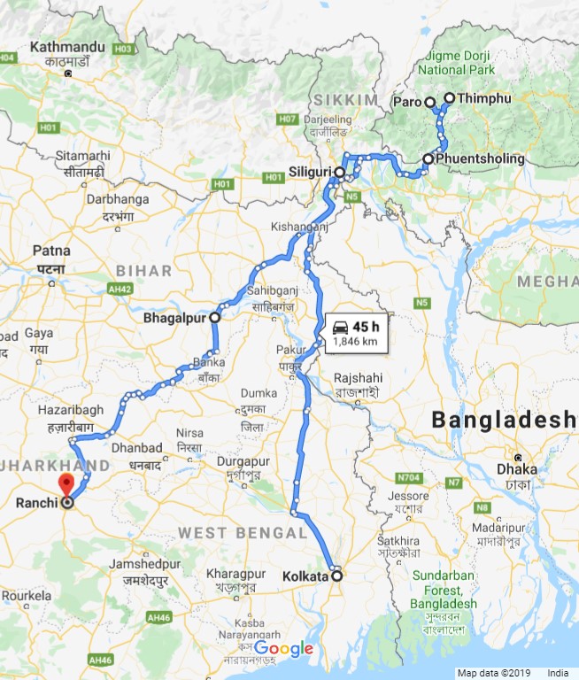 Rsta Bhutan Road Distance Map Courtesy: Google Map · Footloose Musings